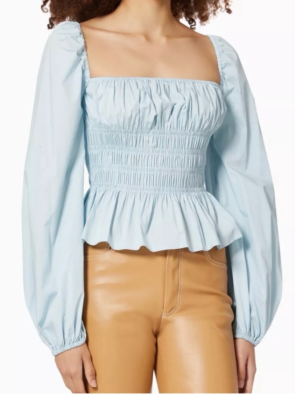 Staud Jules Smocked Square-Neck Peplum Blouse - Light Blue, Large